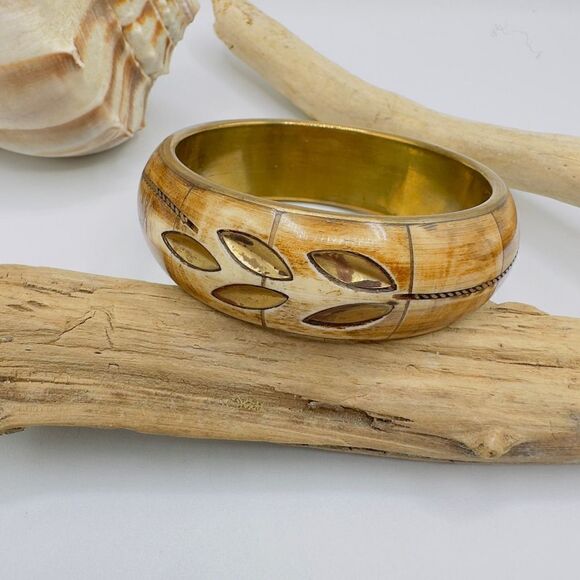 Vintage Brass & Bone Bangle Bracelet - Picture 3 of 6